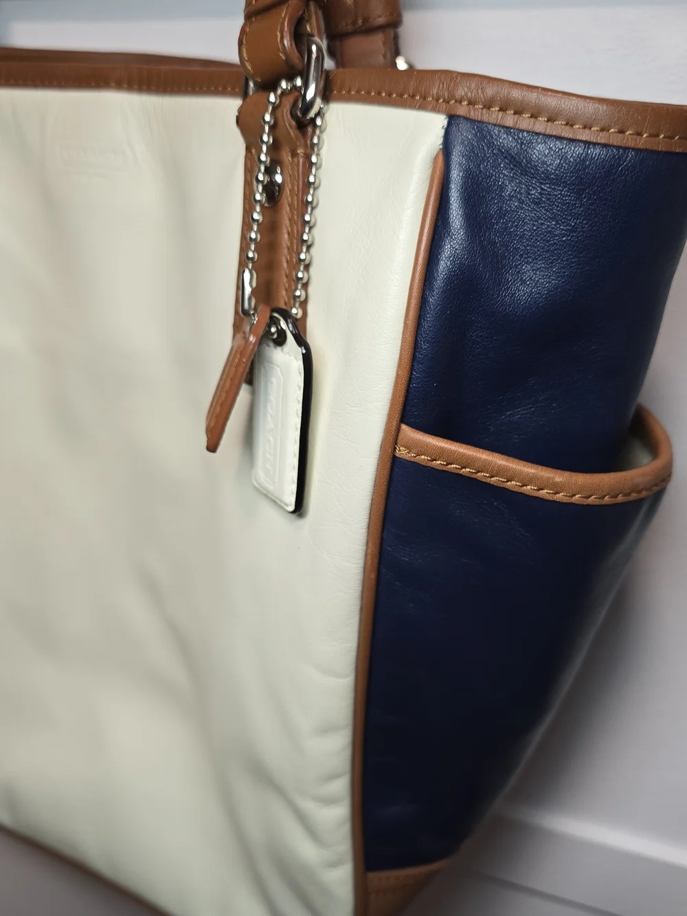 Coach Cream and Navy Tote with Brown Trim